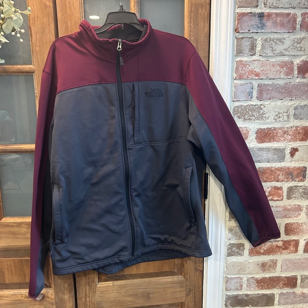 The North Face Jacket Mens Gray Burgundy Colorblock Full Zip Softshell XL